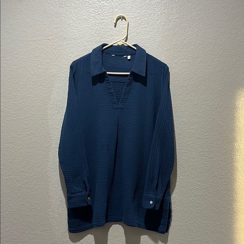 Soft Surroundings Womens Shirt Blue Tunic Top Sz L Long Sleeve V Neck Collar